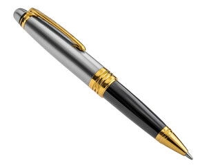 Naklejka premium Silver ballpoint pen with gold accents elegant design metallic finish and black grip isolated on transparency background suitable for office school or professional use