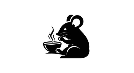 Minimalist black silhouette of a mouse with a steaming bowl.