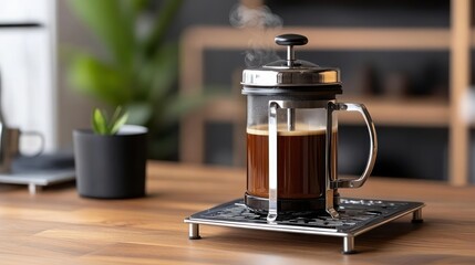 Steaming French press coffee creates a warm atmosphere in a cozy and inviting kitchen setting