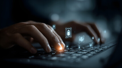 Person types on laptop with security, technology, AIsymbols. Indicates cyberseurity, data protection tass. Emphasizes importance o secure IT systems. Modern digitalized atmosphere.