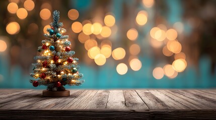 Cheerful Christmas background with colorful bokeh lights and illuminated tree with golden star on rustic wood.