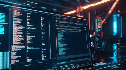 Computer showing source code in futuristic server room with neon lights - Powered by Adobe