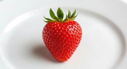 Vibrant Red Strawberry on White Plate, Fresh Fruit Close-Up, Healthy Eating