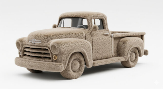 Unique Vintage Fluffy Beige Pickup Truck Made of Carpet Texture in Bright Studio