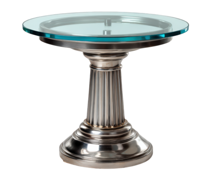 Glass table metal base modern design round shape reflective surface photorealistic style elegant contemporary interior furniture isolated background