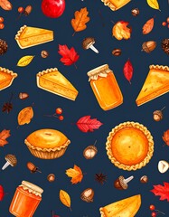 Autumnal pattern of pies, leaves, and jars
