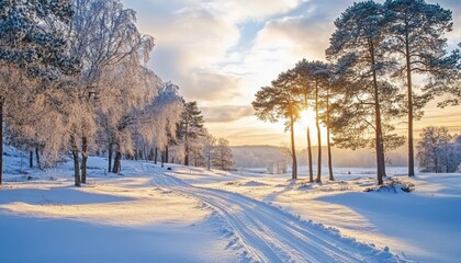 Breathtaking Scandinavian Winter Landscape at Dusk with First Tracks in the Snow and Long Shadows