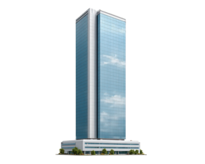 Tall office tower with glass windows reflecting clouds modern architecture blue sky urban business building cityscape high rise structure commercial property contemporary design