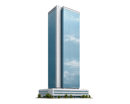 Tall office tower with glass windows reflecting clouds modern architecture blue sky urban business building cityscape high rise structure commercial property contemporary design - Powered by Adobe