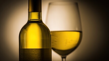 A closeup of a wine bottle and glass on marble, bathed in warm amber tones with a blurred background.