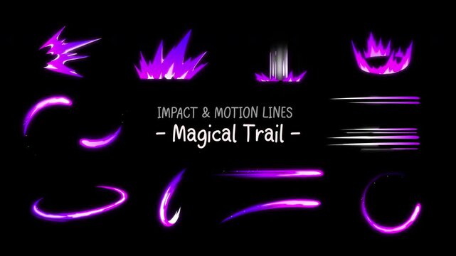 Set 3 of Magical Sparkle Impact Burst and Speed Line Effects, glitter swoosh woosh streaks, fantasy slash arcs, shiny glowing bursts, trails, transparent background, alpha channel