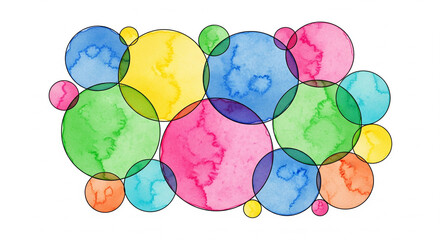 Colorful watercolor abstract circles overlapping to create a vibrant artistic pattern on an isolated transparent background.