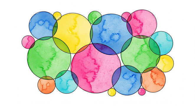 Colorful watercolor abstract circles overlapping to create a vibrant artistic pattern on an isolated transparent background.