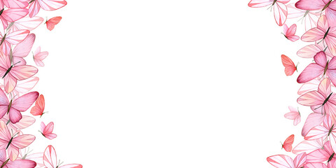 Horizontal board with delicate pink butterflies. Hand-painted watercolor illustration. Isolated on a white background. For spring and summer designs, invitations, greeting cards, postcards, packaging.