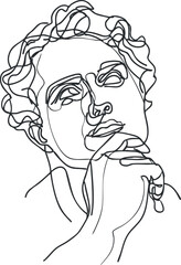 Minimalist one line drawing of a thoughtful woman with curly hair and hand near chin