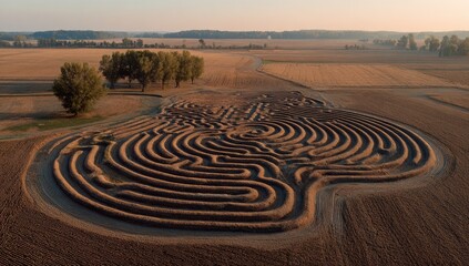 Aerial view of a large field maze