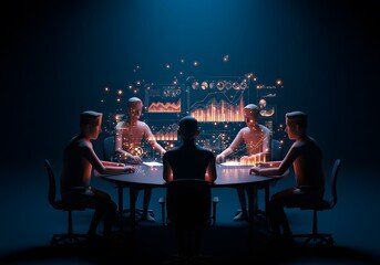 Future forward business meeting with data visualizations for collaborative strategic planning and innovation