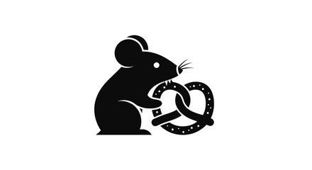 Simple black silhouette of a mouse holding a pretzel.