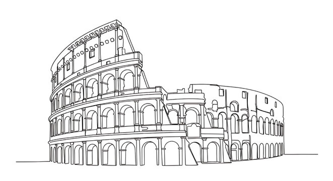 Continuous line art illustration of the Colosseum in Rome, Italy. An iconic symbol of Imperial Rome and a famous ancient amphitheater.