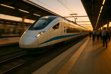 Fototapeta premium Modern high speed train arriving at station platform with motion blur during golden sunset