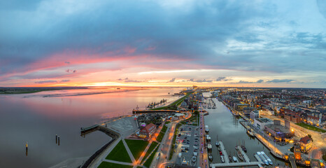 Panoramic view of Bremerhaven harbour in the evening time. Germany