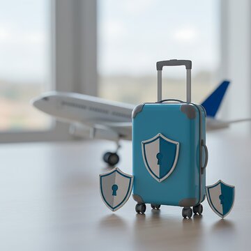 ​A small suitcase with a security shield highlights the need for secure travel and baggage insurance