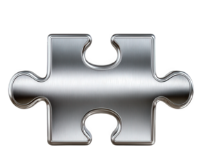 Metallic jigsaw puzzle piece brushed steel texture isolated on transparency background abstract element modern design shiny reflective industrial conceptual creative