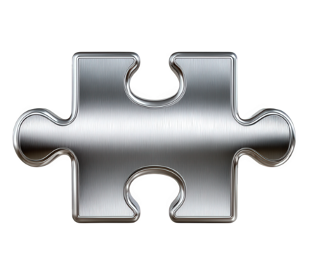 Metallic jigsaw puzzle piece brushed steel texture isolated on transparency background abstract element modern design shiny reflective industrial conceptual creative