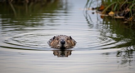 Beaver swimming in calm pond.