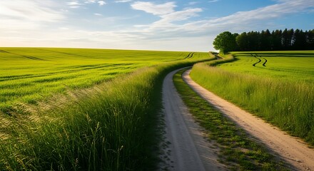 Obraz premium Winding Country Road Through Lush Green Fields at Sunset