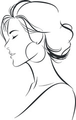 Minimalist line art illustration of a woman's profile with elegant hair and closed eyes in black and white.