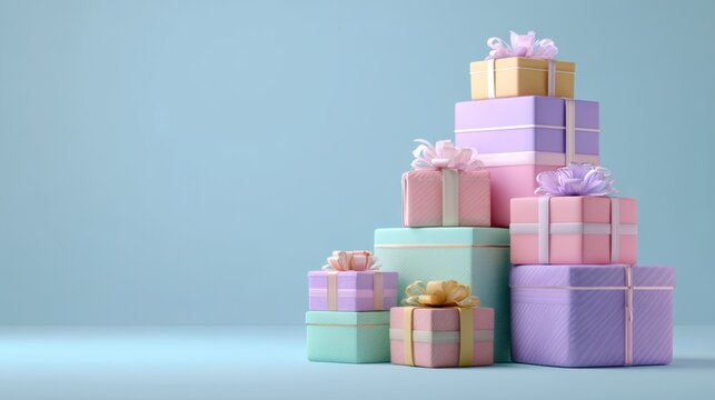 A stack of colorful gift boxes in different sizes, wrapped in pastel tones with ribbons, arranged against a bright minimal background
