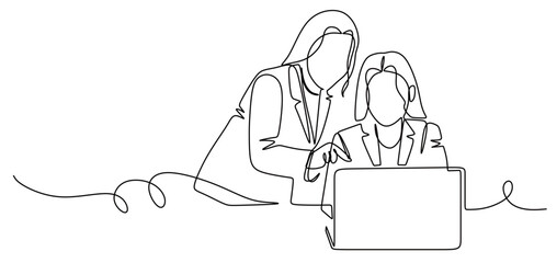 Continuous line art of two women in business suits discussing in front of a laptop. Teamwork. Vector illustration.