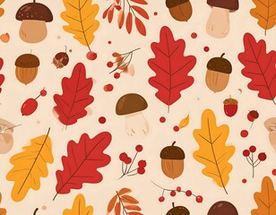 Autumnal pattern with leaves, acorns, berries, and mushrooms