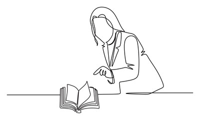 Continuous line art of a young woman in a business suit pointing at a book. vector illustration
