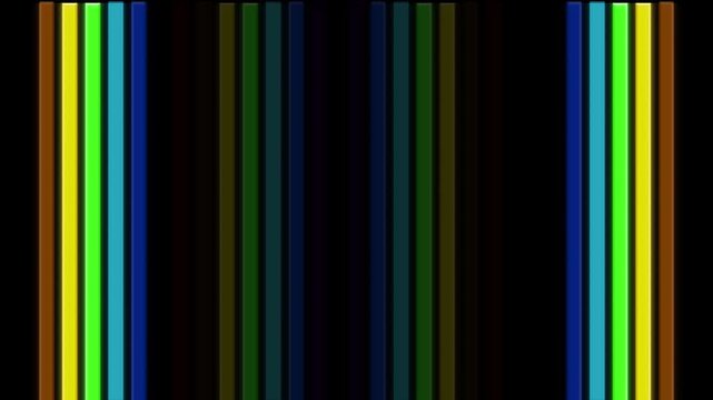 Dynamic background of lines with glow and rainbow colors on a black background. 4K