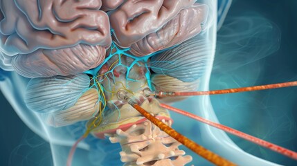 National Spina Bifida Awareness Month. Medical illustration of spina bifida surgical repair procedure, detailed cross-sectional view of neurosurgical intervention, sterile clinical environment