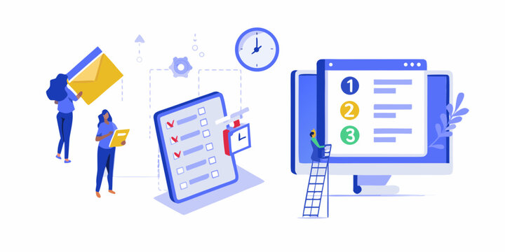 Team working on a project checklist and digital task management with a clock and email icon