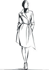 Black and white fashion illustration of a woman wearing a trench coat and high heels walking confidently