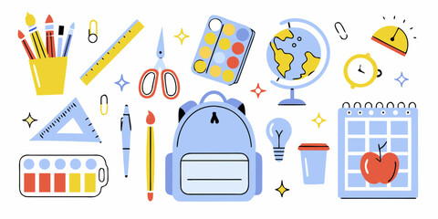 Collection of colorful school supplies and educational items on a white background
