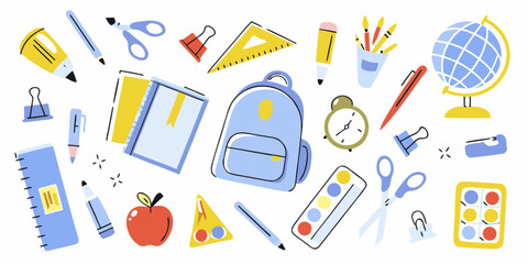 Collection of colorful school supplies and stationery items arranged on a white background
