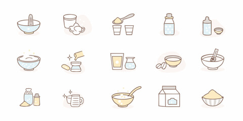 Collection of cute hand drawn icons illustrating food preparation and ingredients in a simple clean style
