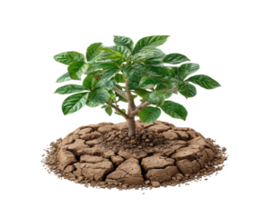 Green seedling growing from cracked dry soil, symbolizing hope, resilience, and environmental recovery, with vibrant leaves and earthy tones, isolated on transparency background