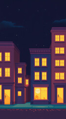 Fototapeta premium A retro-style nighttime city made in pixel art, featuring bright windows, blocky skyscrapers, and a nostalgic digital glow