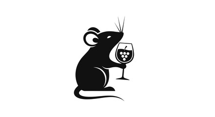 Black silhouette of a rat holding a wine glass with grapes.