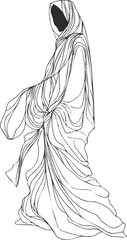 Line art illustration of a flowing hooded figure in a draped robe with abstract contour lines