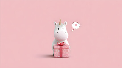 Cute unicorn character holding a pink gift box with a ribbon, set against a soft pink background, conveying a whimsical and playful atmosphere of joy. Selective focus