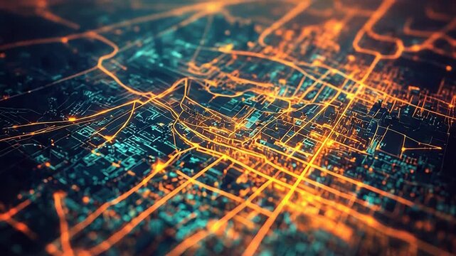 Futuristic smart city connecting with data network at night
