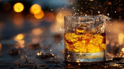 A glass of whiskey splashes amidst shimmering reflections, capturing the essence of a refreshing drink in a vibrant, illuminated setting.