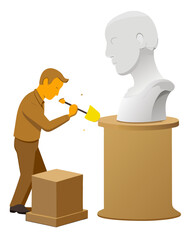 vector of a sculptor chiseling a stone bust on pedestal, dust flying, isolated on white background
